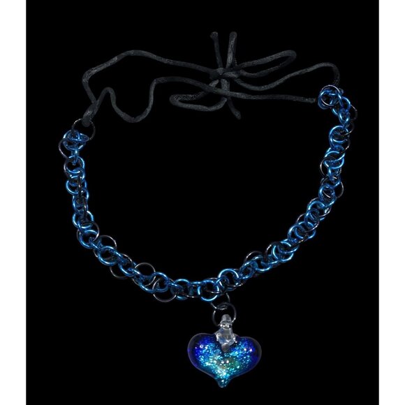 Handmade Whimsical Blue Heart And Chainmail Necklace - Picture 1 of 8